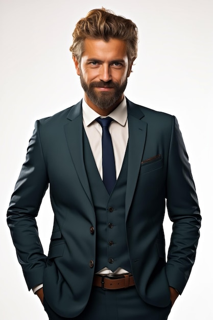 Uomo in abito e cravatta che posa per una foto AI generativa
