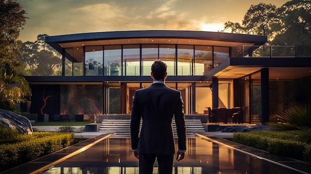 Uomo in abito in piedi e guarda davanti alla sua nuova casa moderna uomo d'affari sicuro e di successo