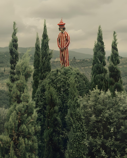 Uomo in abito rosso e bianco in piedi su una collina tra gli alberi in un paesaggio naturale