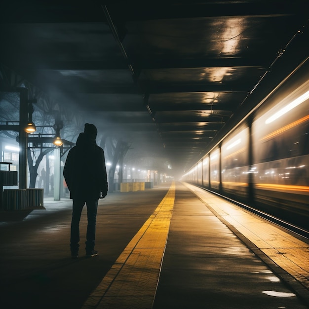 Uomo in attesa del treno su una piattaforma nebbiosa
