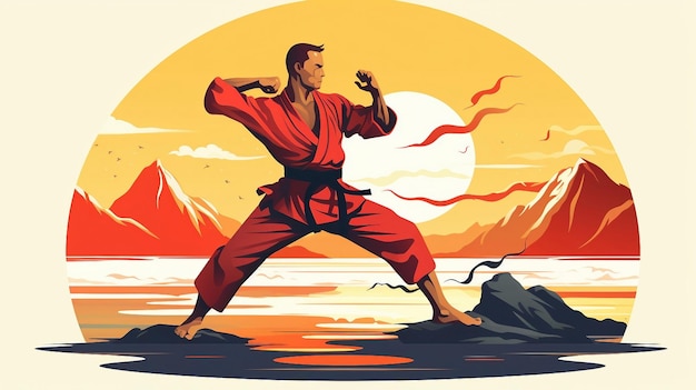 Uomo in attrezzatura da karate rossa che pratica il karate al tramonto illustrazione AI generata