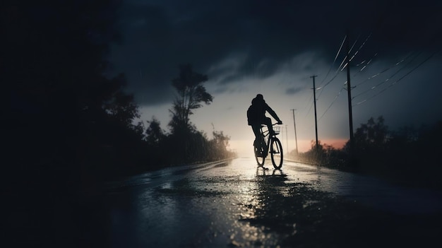 uomo in bicicletta lungo la strada bagnata
