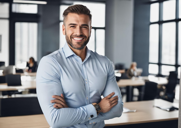 uomo in camicia nel suo ufficio