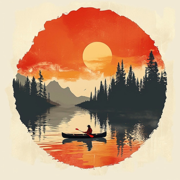 Uomo in canoa su un lago con un'opera d'arte del pescatore al tramonto