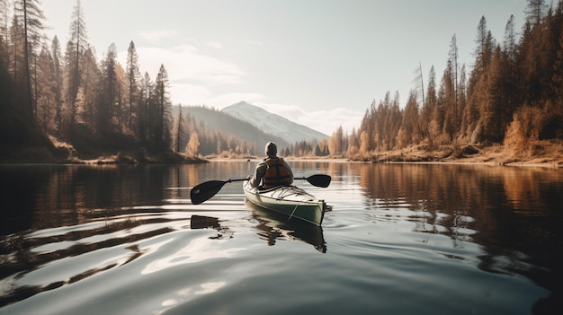 Uomo in canoa sul lago con alberi IA generativa