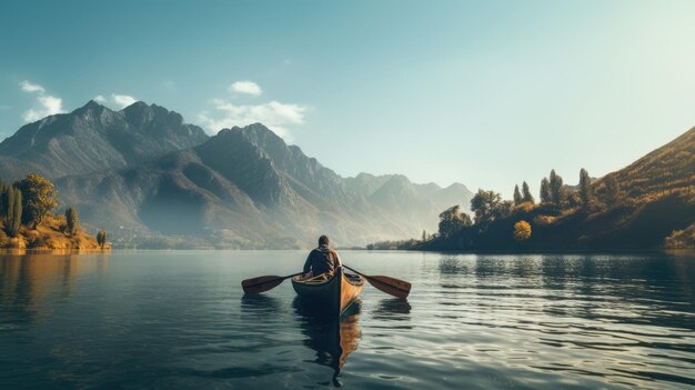 Uomo in canoa sul lago con Mount AI Immagine generata