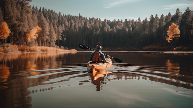 Uomo in canoa sull'acqua con alberi sullo sfondo IA generativa