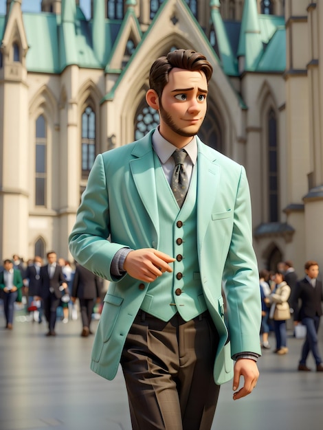 Uomo in cappotto verde in stile cartone animato 3D creato con l'intelligenza artificiale generativa