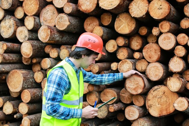 Uomo in casco lavoratore legname