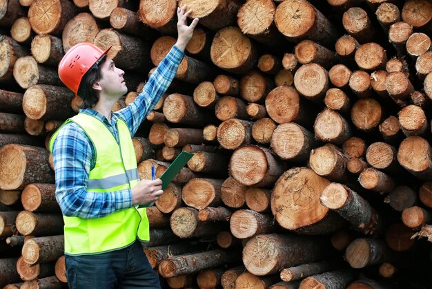 Uomo in casco lavoratore legname