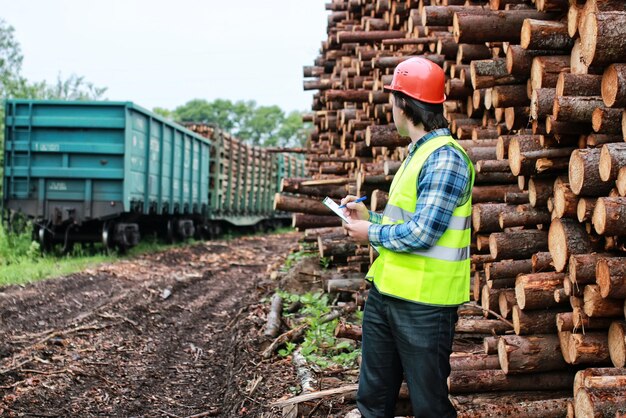 Uomo in casco lavoratore legname