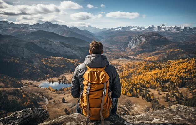 Uomo in cima a una montagna che guarda il paesaggio mentre porta uno zaino Concetto di viaggio Realizzare le tue aspirazioni