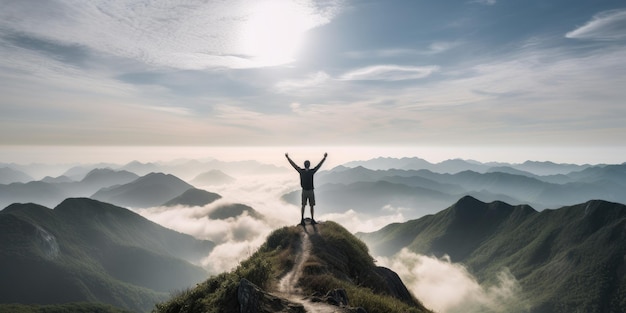 Uomo in cima a una montagna con le braccia alzate