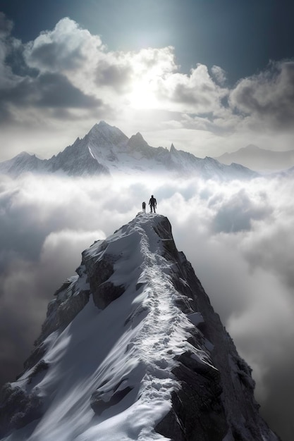 Uomo in cima alla montagna che cammina tra le nuvole AI generativo