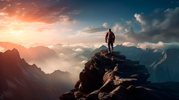 Uomo in cima alla montagna con zaino IA generativa