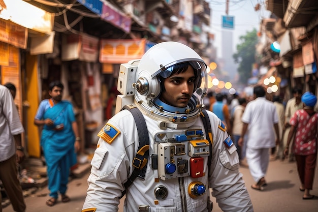 uomo in costume da astronauta che vaga per le strade dell'India