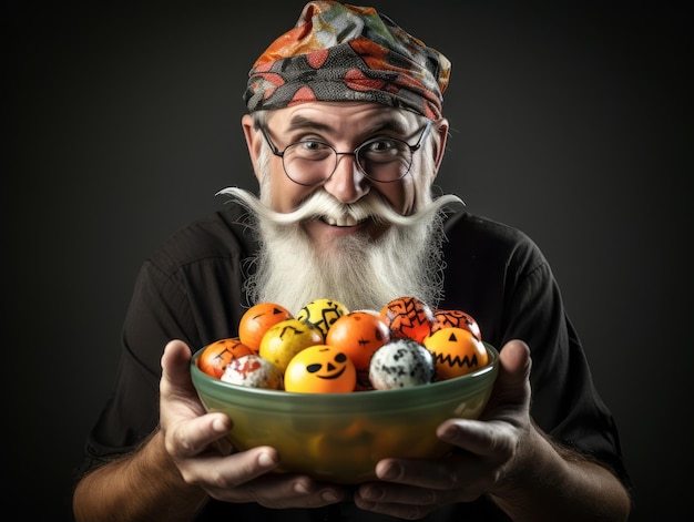 Uomo in costume di Halloween che tiene una ciotola di caramelle con un sorriso malizioso