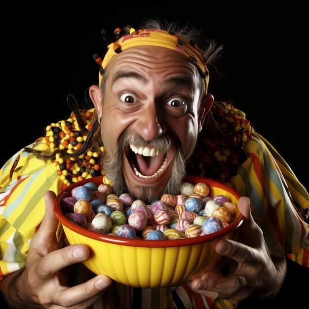 Uomo in costume di Halloween che tiene una ciotola di caramelle con un sorriso malizioso