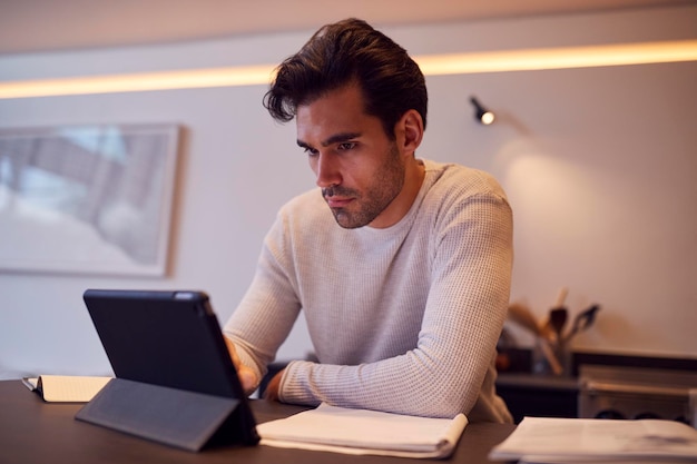 Uomo in cucina che lavora o studia da casa utilizzando la tavoletta digitale