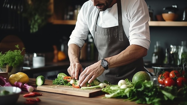 uomo in cucina moderna tavola tagliare verdure preparare insalata di verdure fresche per cena