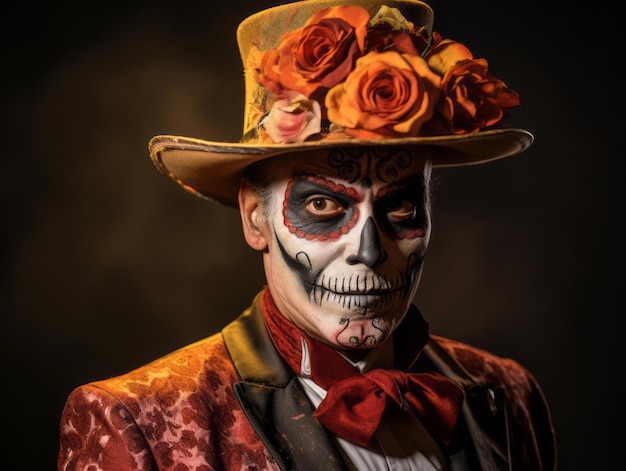 uomo in Day of the Dead makeup con pose giocose