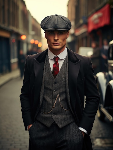 Uomo in elegante abito stile banda Peaky Blinders retrò vecchio stile