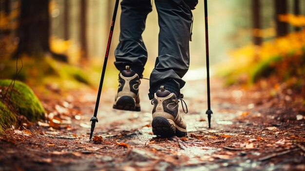 uomo in escursione nella foresta d'autunno