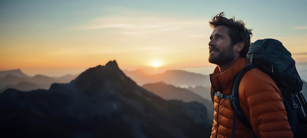 Uomo in giacca arancione che guarda l'alba in montagna