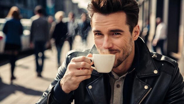 Uomo in giacca con il caffè