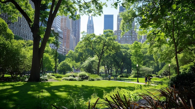 Uomo in giacca gialla che cammina nel lussureggiante Central Park