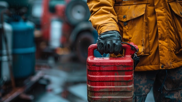 Uomo in giacca militare che versa benzina da un barattolo rosso