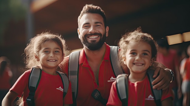 Uomo in ginocchio accanto a un gruppo di bambini Festa del papà