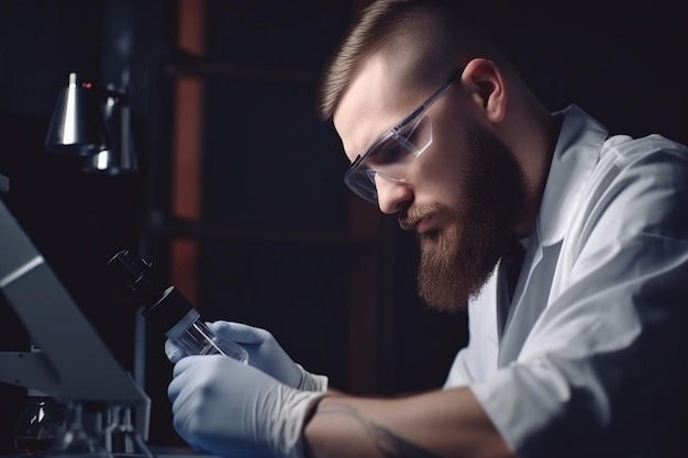 Uomo in laboratorio facendo esperimenti da vicino