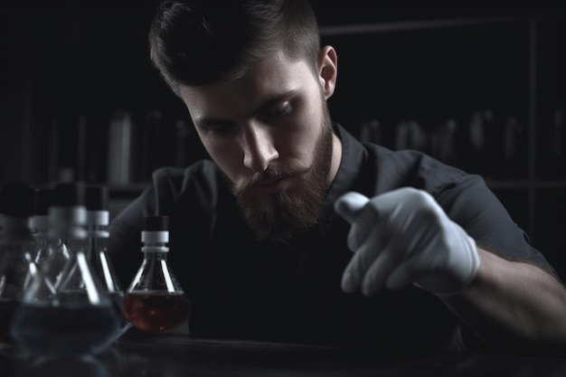 Uomo in laboratorio facendo esperimenti da vicino