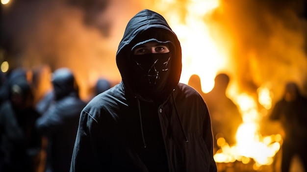 uomo in maschera in serata concetto di anarchia