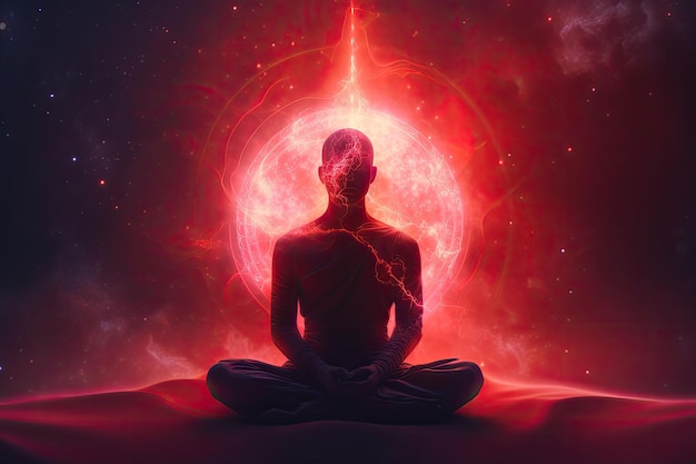 Uomo in meditazione Concetto di pratica spirituale chakra e attivazione del corpo astrale IA generativa