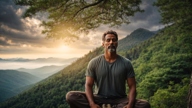 Uomo in meditazione sulla cima di una montagna durante il tramonto Uomo seduto su una roccia e in meditazione