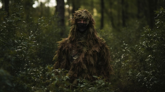 Uomo in mimetica in piedi nella foresta