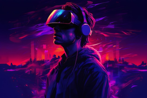 Uomo in occhiali per realtà virtuale in rete neurale ai neon in stile synthwave ai generata