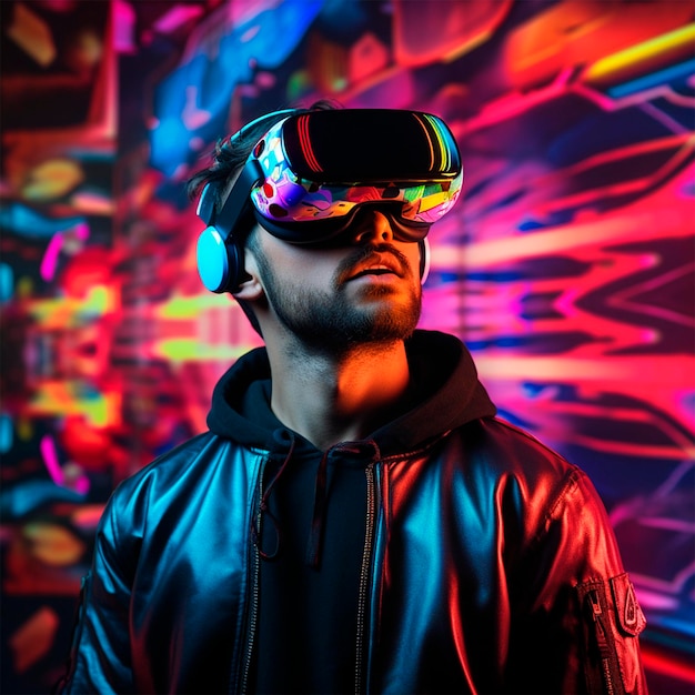 Uomo in occhiali virtuali foto sfondo al neon