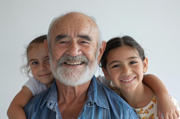 Uomo in pensione sorridente con nipoti su sfondo bianco