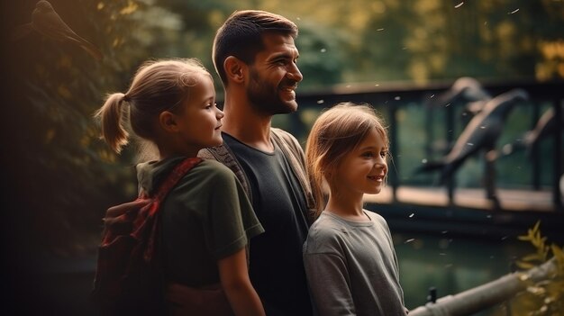 Uomo in piedi accanto a due bambine al Park Father Day