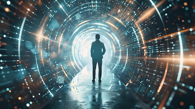 Uomo in piedi all'ingresso di un tunnel futuristico Scena misteriosa di sci-fi Immagine concettuale di esplorazione e tecnologia Ideale per ambienti moderni AI