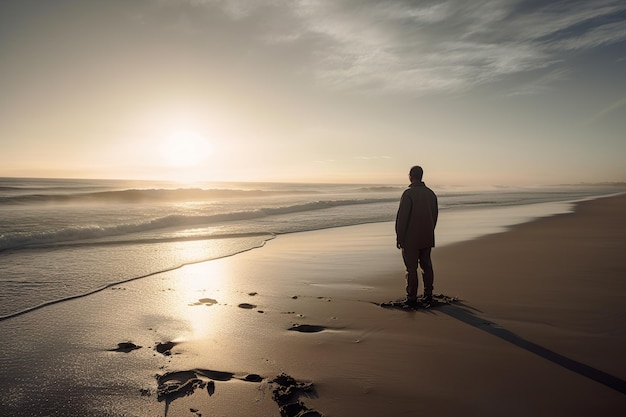 Uomo in piedi da solo su una spiaggia durante l'alba