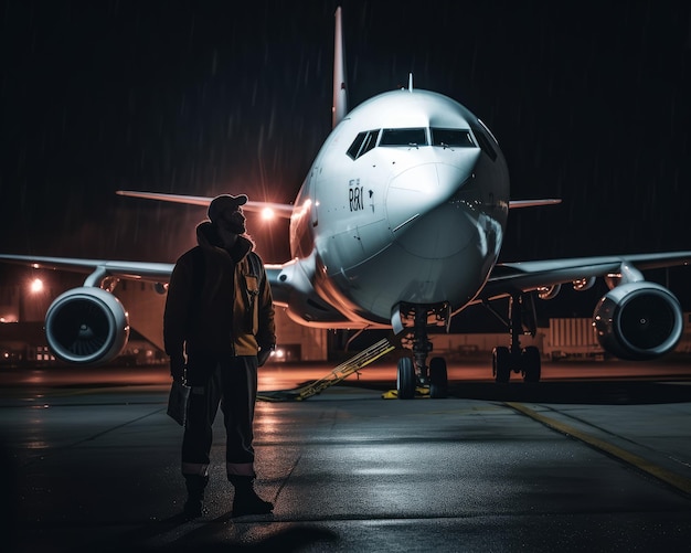 Uomo in piedi davanti a un aereo di notte Un uomo in piedi davanti a un aereo di notte