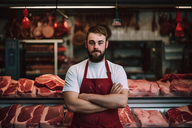 Uomo in piedi davanti agli scaffali con carne cruda Macellaio o negoziante maschio che lavora nel meathso moderno