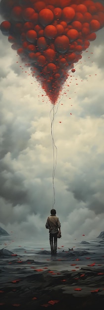 uomo in piedi davanti gigante palloncino rosso pastello petali di fiori che volano cielo triste donna galleggia a mezz'aria