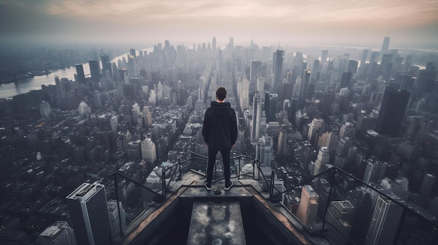 Uomo in piedi in cima a un edificio che guarda la città sottostante