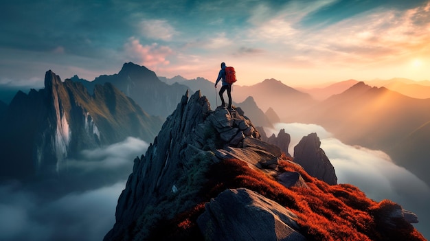 uomo in piedi in cima a una montagna