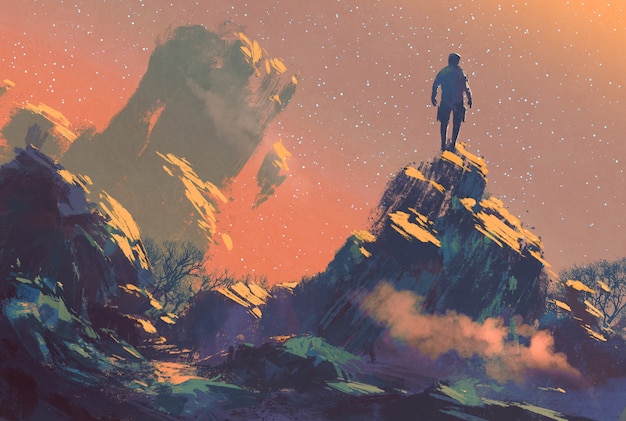 uomo in piedi in cima alla collina a guardare le stelle, illustrazione pittura